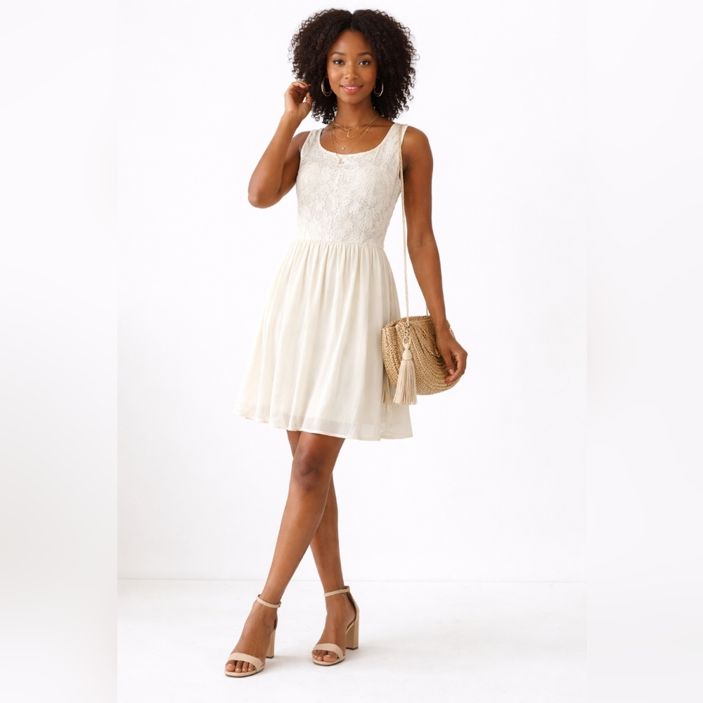Women's Sleeveless Lace Bodice Chiffon Skirt Dress - Cream